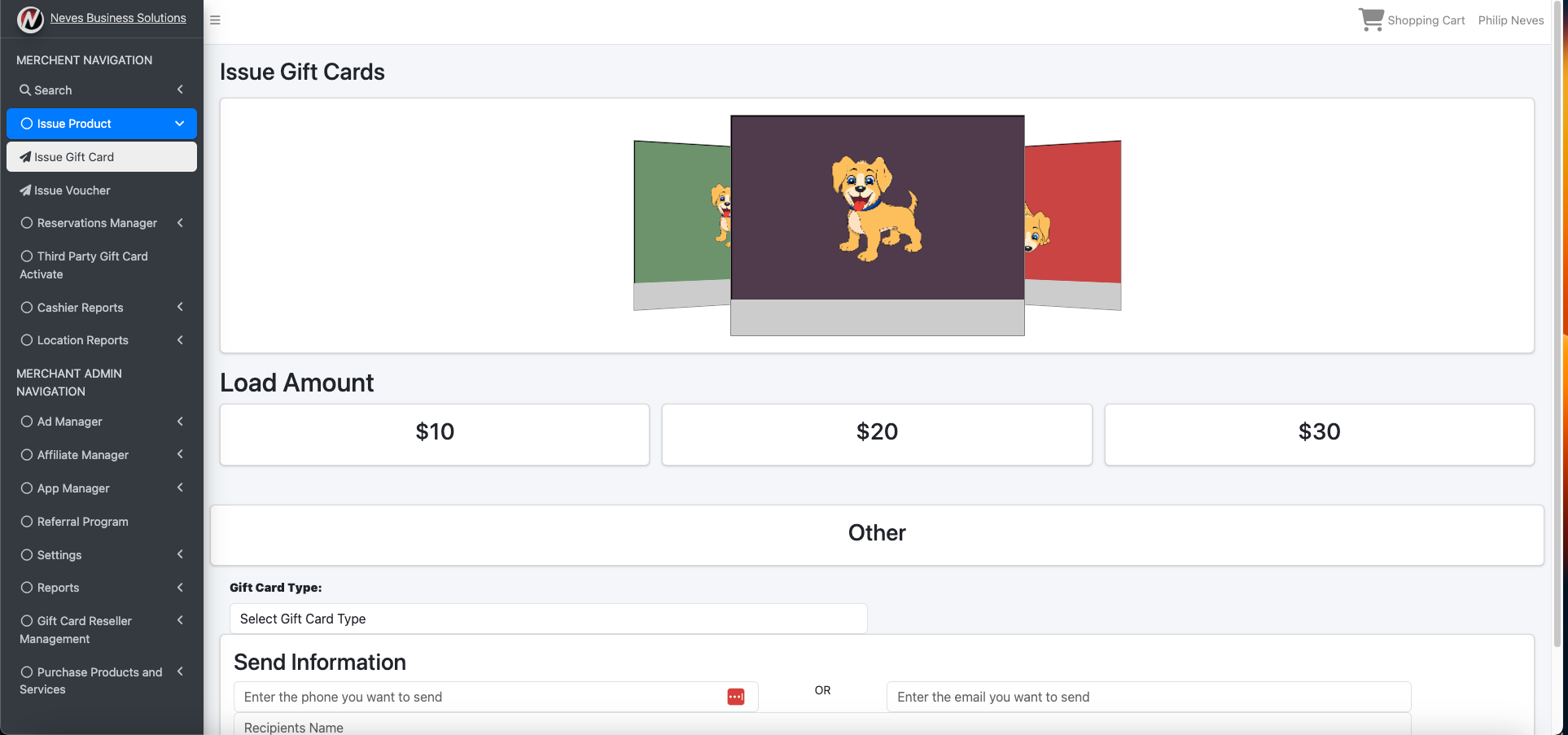 Issue Gift Card Screen